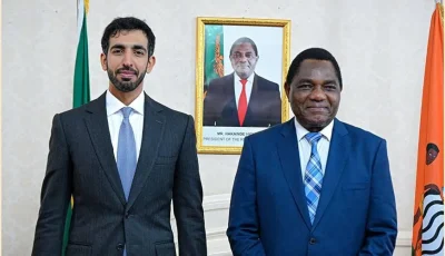 رئيس زامبيا يناقش تعزيز العلاقات مع شخبوط بن نهيان