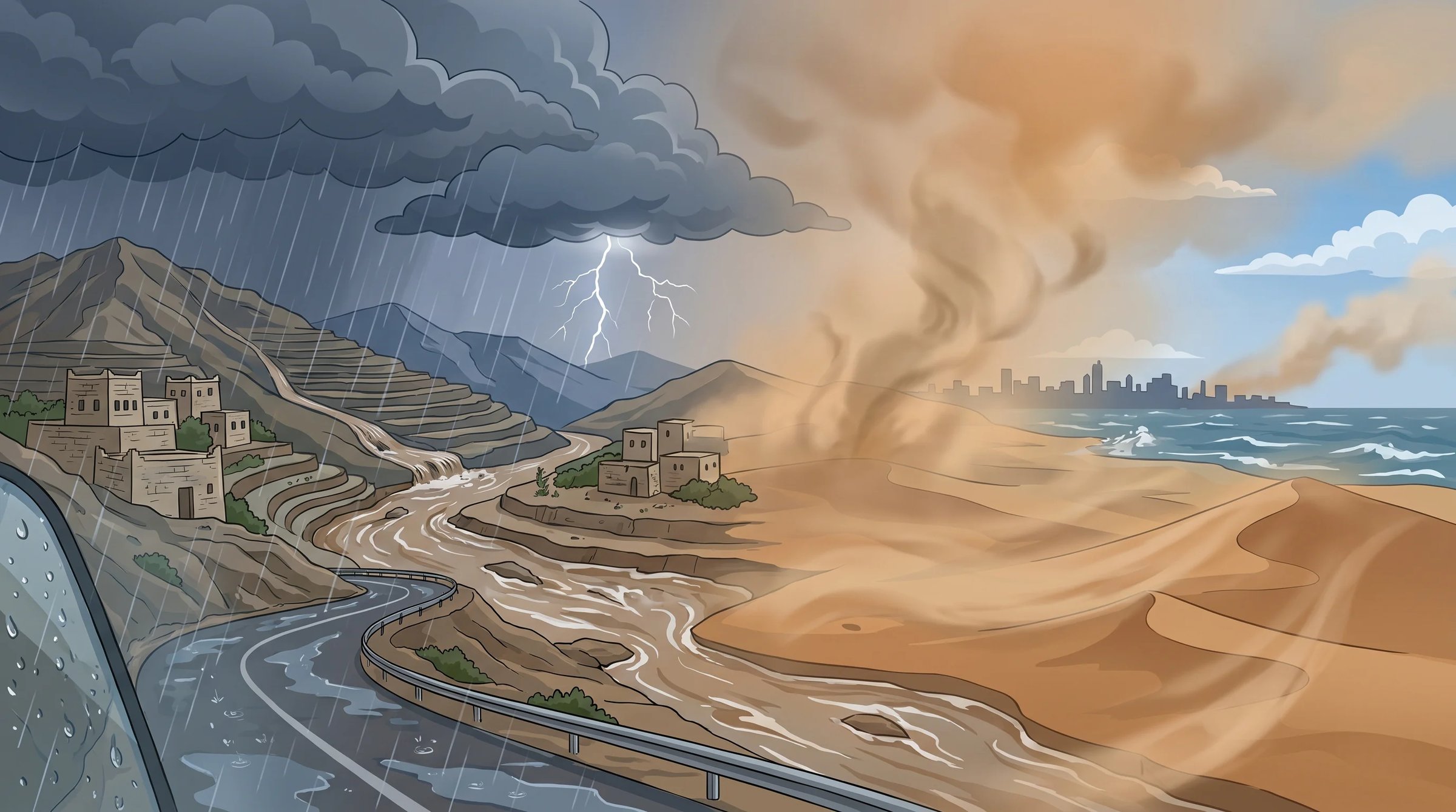 أمطار غزيرة وجريان سيول على مرتفعات جازان وعسير والباحة ومكة مع رياح مثيرة للغبار
